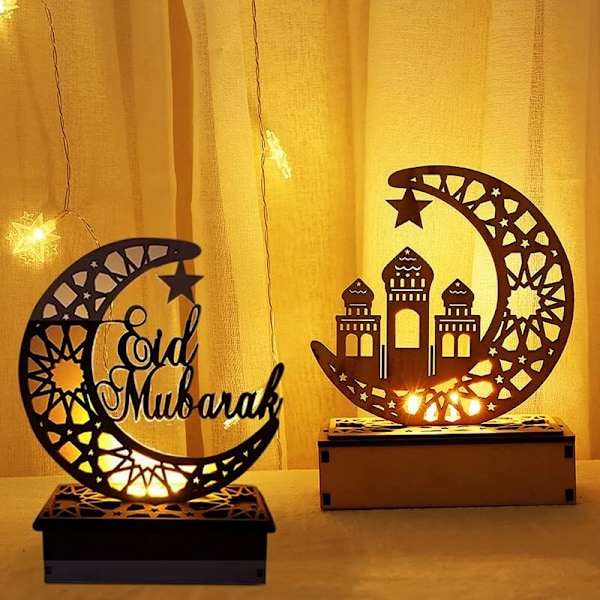 2x Eid Mubarak LED Nattlampa Ramadan Dekoration Lampa Trähantverk Ljus Muslim Islam Trä LED Lampa