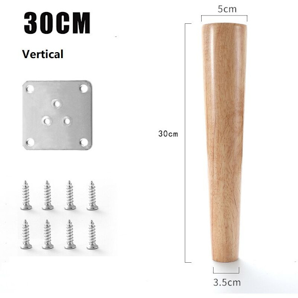 30cm Träbordben Set om 4 Sneda Koniska Massiva Trä Möbelben med Monteringsplattor och Skruvar för Soffa Säng Skåp Soffa Stol (Vertikal)