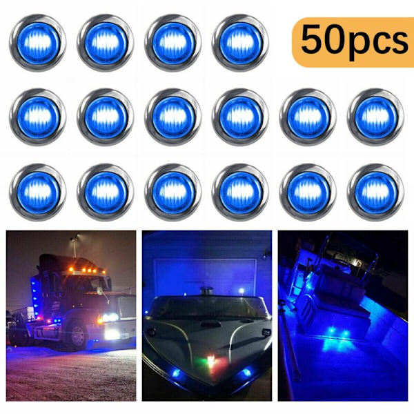 50 kpl 3/4 tuuman 3 LED:n pyöreät miniperävaunun sivuvalot, universaalit kuorma-autoihin, veneisiin, lava-autoihin, asuntovaunuihin, RV-autoihin, sininen