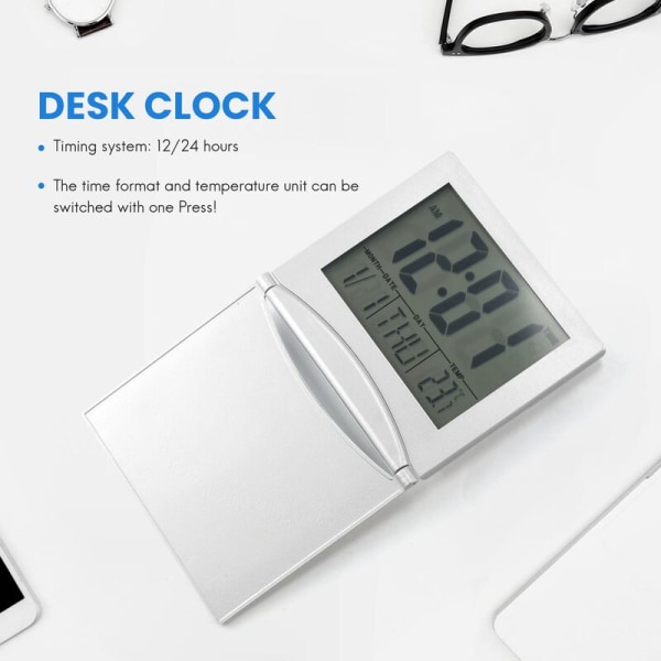 Mini resealarmklocka, hopfällbar digital LCD-skärm skrivbordsklockor med snooze-bakgrundsbelysning temperatur datum timer 12/24 timmar