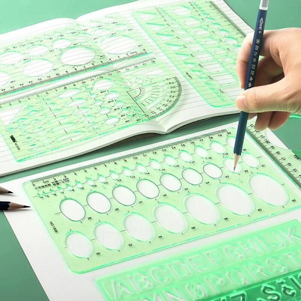 Sarja 6 Normografiaa luonnoksiin ja kaavioihin - Technic Shape Tracing - Ympyrät, kolmiot, neliöt, suorakaiteet Stencil - 10 Geometrisia muotoja Erilaisia
