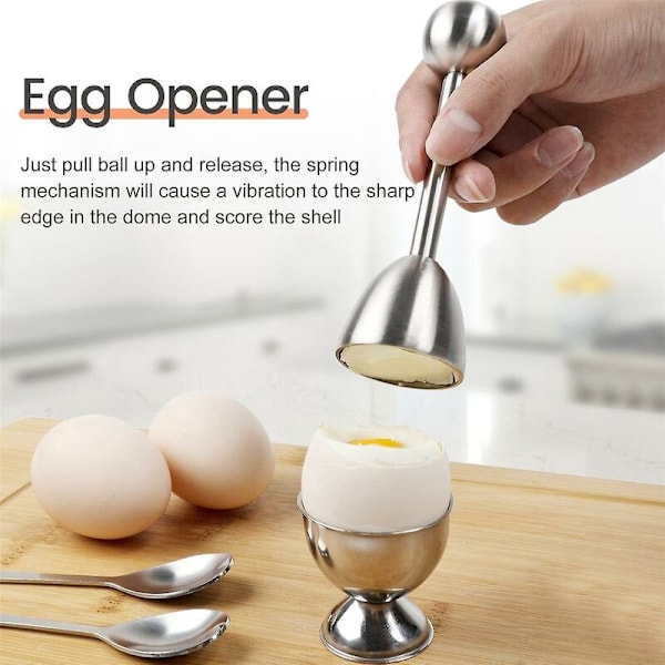 Sett med eggtilbehør i rustfritt stål, holder for hardkokt eggseparator, 4 skjeer, 4 kopper, 1 skallfjerner T