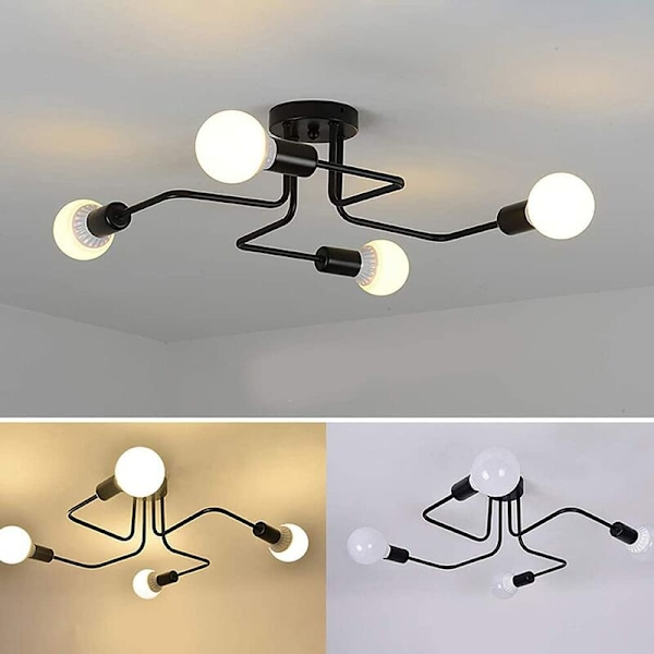 Moderne taklamper Industriell metallbelysning, 4 lamper E27 LED taklampe, moderne svart taklampe for stue soverom