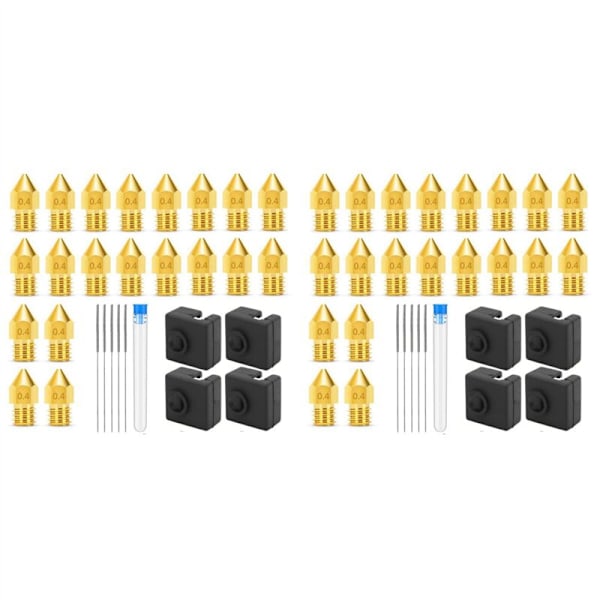 0,4 mm MK8 3D-skrivarmunstycken 40 st med 8 st silikonöverdrag för värmeblock, V2 5 nålar