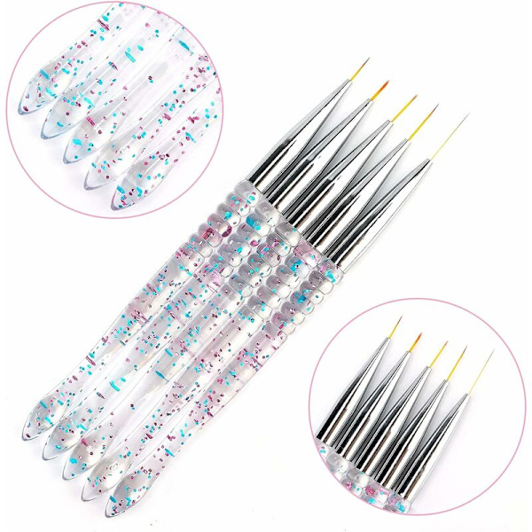 5 st 7/9/11/15/20 mm nagelborste set, akryl kristall liner borste nagelkonst nylon borsthuvud nagelverktyg för DIY-design