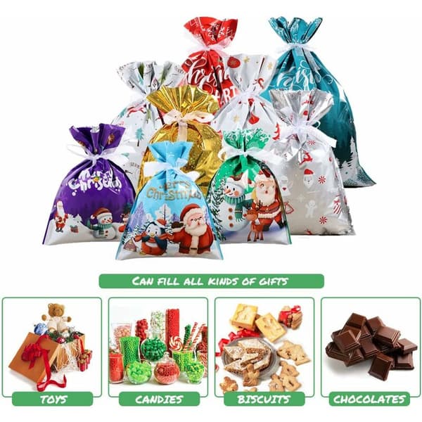 45 st presentpåsar för jul, stora julklappsomslag, återanvändbart julklappspapper, presentpåsar med band