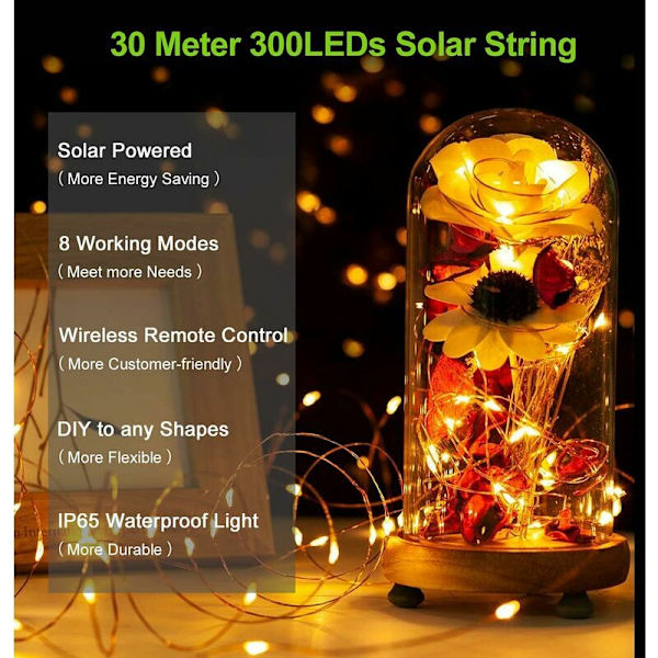Utendørs Solcellelysstreng 30m 300 LED Fjernkontroll med 8 Lysmoduser Vanntette Solcellelysstreng for Hage Patio Balkong Hage Jul