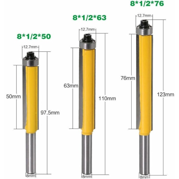 3 stk 8mm skaftlager fresesett, kopifres med topplager, ekstra lang fres for trebearbeiding