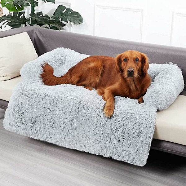 Stor hundeso fa med sofa, hundebed sofa for hund, beroligende seng, varm rede, vaskbar, myk møbelbeskyttermatte, kattepledd, XL, mørk grå