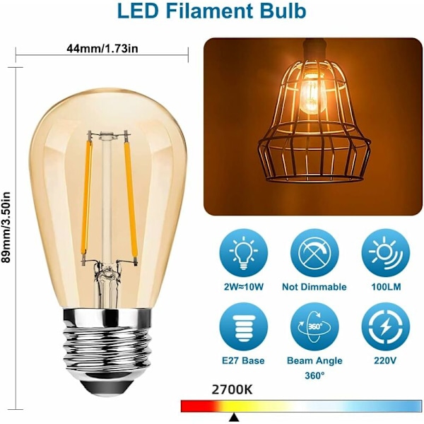 Sæt af 6 - Retro LED pærer E27 S14 2W Varmt Hvidt 2700K til Udendørs Lysguirlander