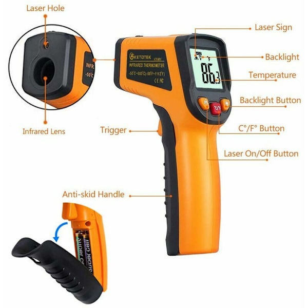Laser Infraröd Termometerpistol Digital Termometer -50-600°C Laserpunkt Matpistol Professionell Klass Recorder 2×AAA Ingår (Gul)