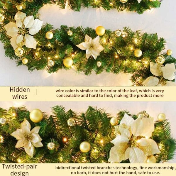 Julekrans med LED-lys, Belysning for Peis, Kunstig Juledekorasjon 2,7m