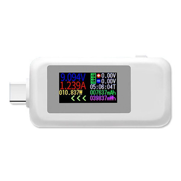 Type-C USB-strømmåler 4-30V USB-C spændingsstrømmåler timing amperemeter 10 i 1 USB-C opladningsfarveskærm, hvid
