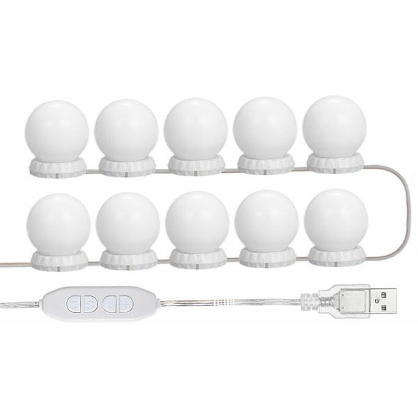 LED-spegelbelysningsset för sminkbord, med 10 justerbara glödlampor, 10 ljusstyrkor och 3 belysningslägen, USB-typ, vit - vit,