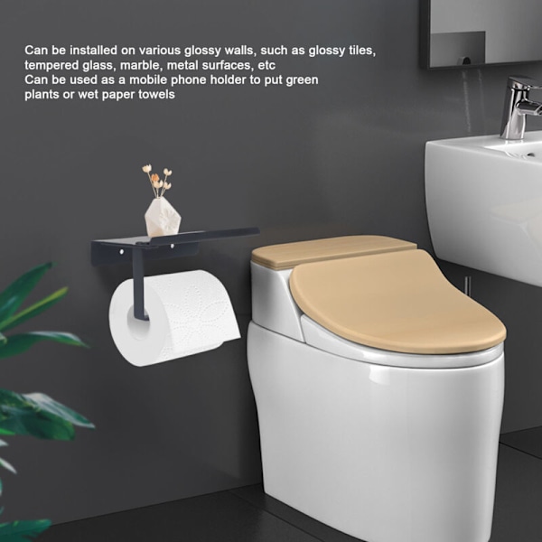 Rustfrit Toiletpapirholder i Rustfrit Stål til Hjemmet og Badeværelset - Dobbelt Brug - Ingen Perforering - K6 Sort