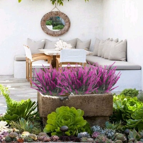 4 stk. Kunstige Violet Blomster Buket Deco 5 Grene Kunstige Lavendel Blomster Buske 38cm Falsk Plastikplante til Planter Balkon Kirkegård Bryllup