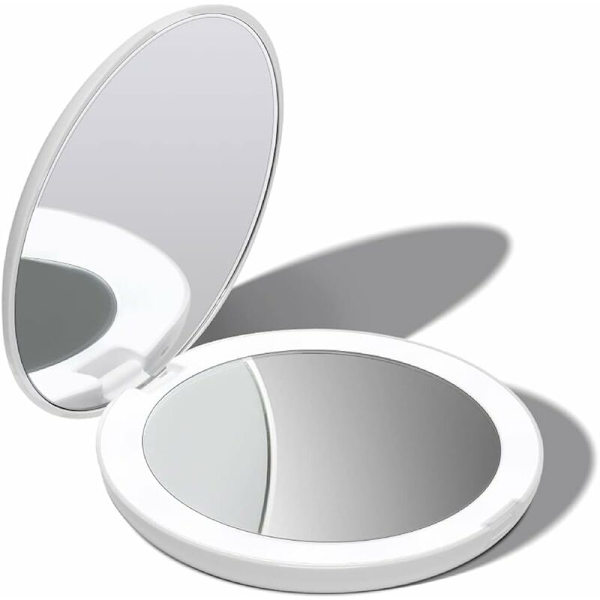 LED-upplyst fickspiegel, 1x / 10x förstoring - Sminkhandspegel med naturligt ljus, 9 cm diameter, kompakt och bärbar för resor, vit