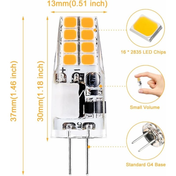 G4 LED-lampa 12V, 3000K varmvit, 3W motsvarande 35W G4 halogenlampa, 300 lumen, ej dimbar, 10-pack