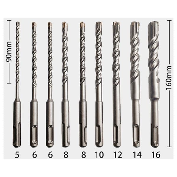 9-delad 160 mm SDS plus murborr-set med multi-point dubbel spiralhammare