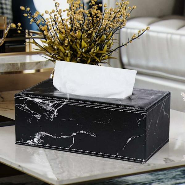 Rektangulär läder servettbox (svart marmor) -