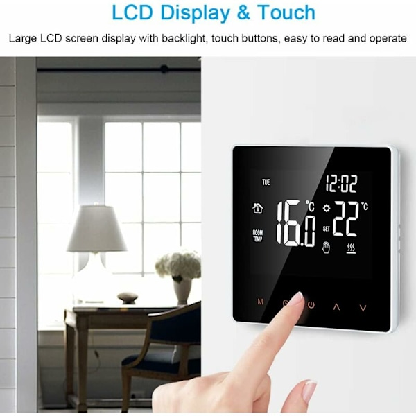 16A Digital Termostat, LCD-skjerm, Berøringsskjerm, Programmerbar, for Hjem, Skole, Kontor, Hotell, Hvit