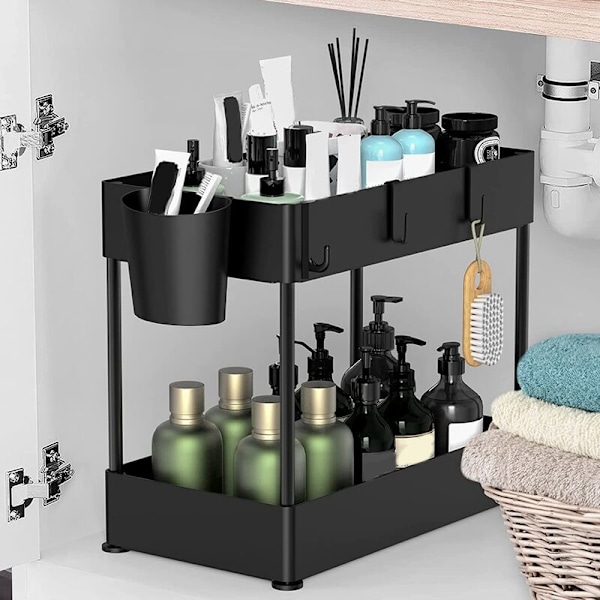 Under Sink Organiser & Opbevaring, Under Sink Badeværelses Organiser, 2-Tier Organiser med 4 Kroge, Under Sink Badeværelse