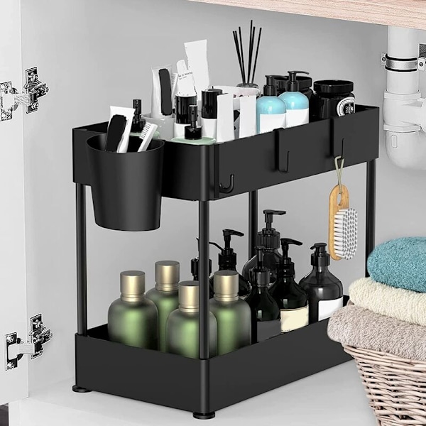 Under Sink Organiser & Oppbevaring, Under Sink Bad Organiser, 2-trinns Organiser med 4 Kroker, Under Sink Bad