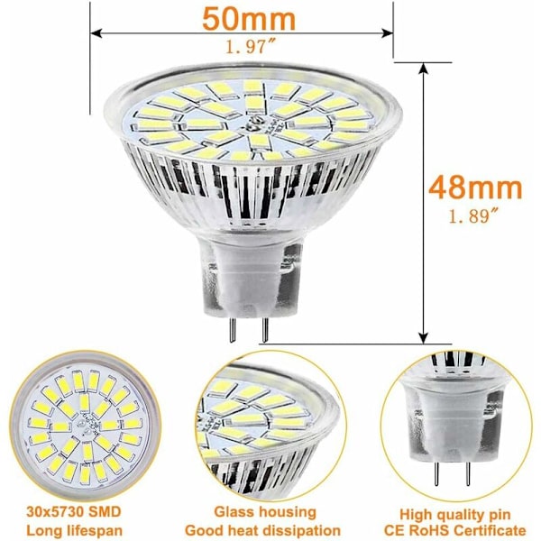 MR16 LED-lampa, GU5.3 5W LED-ljus, 50W motsvarande halogenlampa Kallt vitt 6000K 450LM AC/DC 12V-24V Icke-dimmbar LED-spotlight (10-pack) [En