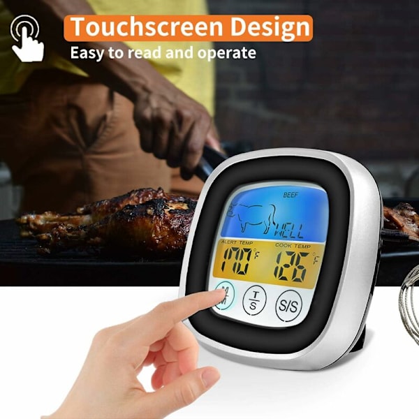 2020 Instant Läsbar Kötttermometer 40 Tums Sondkabel Digital Säker Livsmedelstermometer med BBQ Färg Pekskärm LED-Display (Svart med Silverram