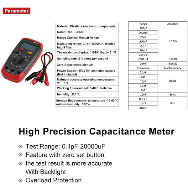 Professionel kapacitansmåler, digital kondensatortester 0,1 pF - 20000uF med kapacitansmåler med LCD-baggrundsbelysning og beskyttelsesjakke Max 1999