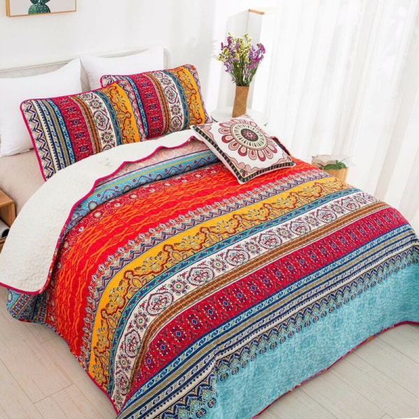 Bohemian Quilted Sengeteppe Dobbel 3 Deler Patchwork Sengeteppe Reversible Dyne Mykt Mikrofiber Sengetøy 220 240 cm