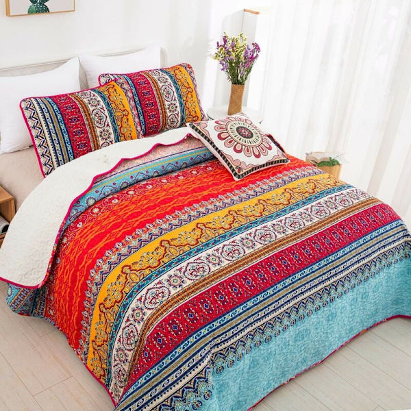 Bohemian Quiltet Sengetæppe Dobbelt 3-delt Patchwork Sengetæppe Vendbart Quilt Blødt Mikrofiber Sengetøj 220 240 cm
