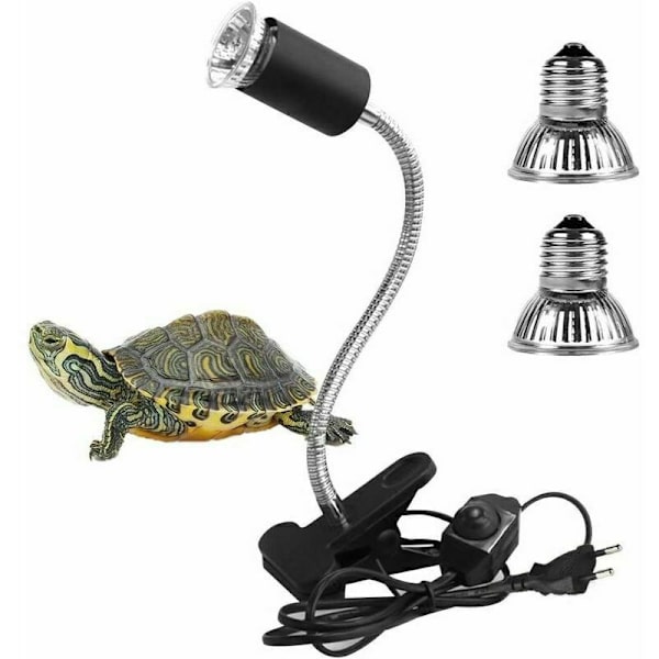 2 UVA UVB pærer 25W og 50W, Eptiles lampe Opvarmning Landskildpadde Lampe med Lang Base 360° Rotation til eptiles og Amfibier[Energiklasse A+]