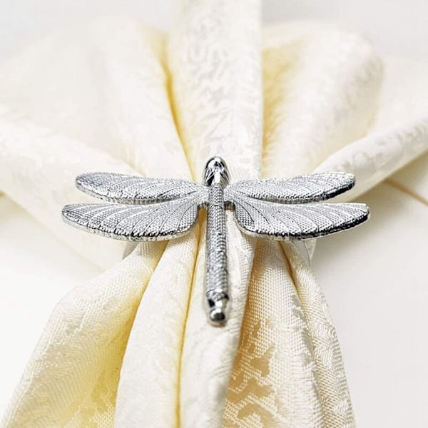 Sølv Serviettringer Sett med 8 for Bryllup Ferie, Dragonfly Metall Serviettholder for Bordlin, Middag Anledning