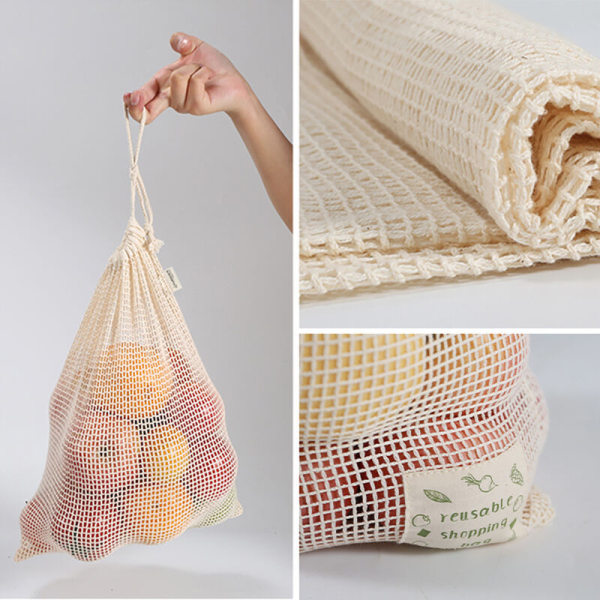 Gjenbrukbare frukt- og grønnsaksposer - Gjenbrukbare poser - Nettpose - Gjenbrukbar linpose for grønnsaker - Bomullspose for shopping - Økologisk bomullspose i bulksett på 6