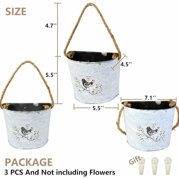Paket med Hängande Blomkrukor - Galvaniserade Väggkrukor för Lanthusinredning - Halvrunda Blomkrukor för Inomhus eller Utomhus Väggdekoration -DENUOTOP