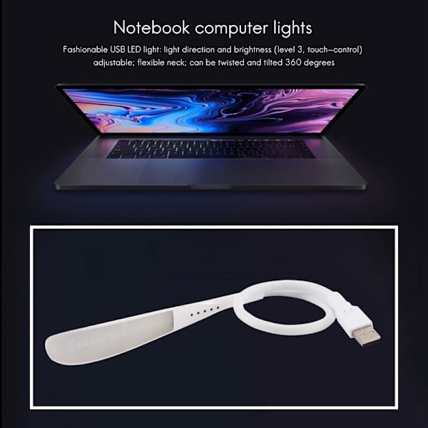 Bærbar USB LED-lysbryter med berøring for datamaskintastatur, bærbar PC, bærbar leselampe (hvit)