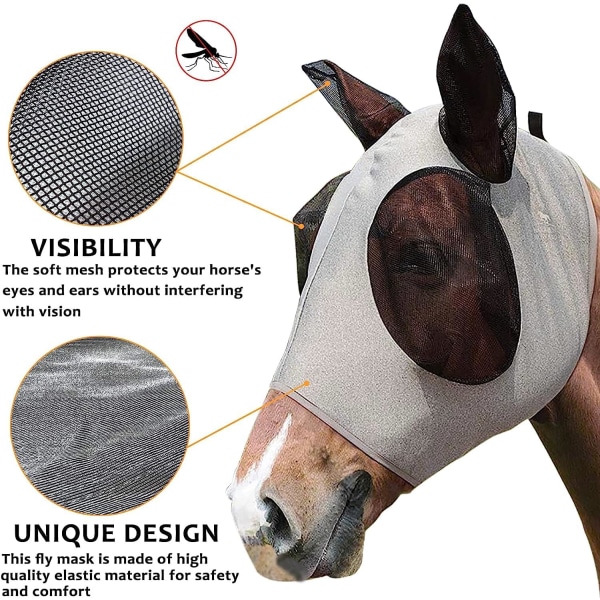 Hevosmaski Perhonaamari korvilla suojaamaan UV-säteilyltä ja kärpäseltä, mukava ja venyvä, sopii useimmille suurille hevosille