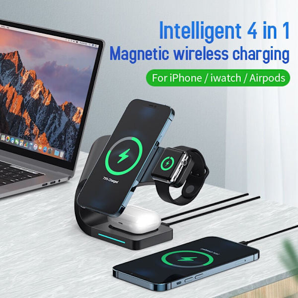 4 i 1 Smart Trådløs Oplader Station til Apple Serie Iphone Watch Airpods, 15W Hurtig Opladningsstativ（Sort）