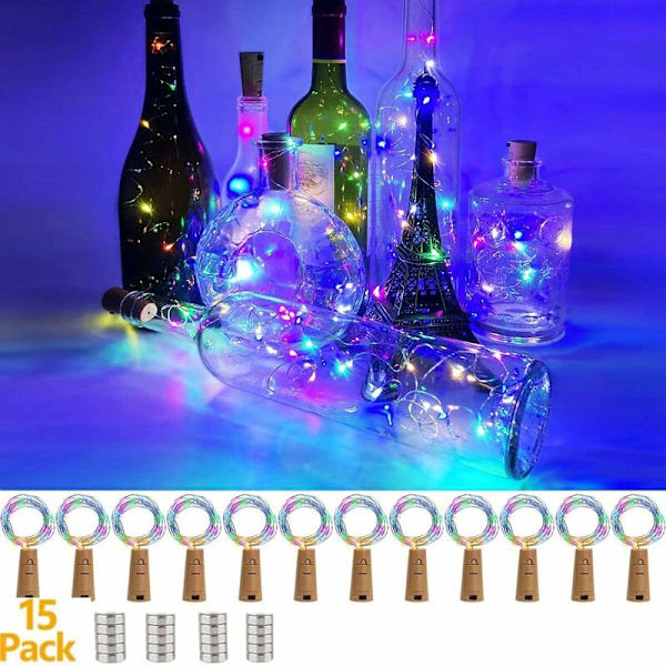 15 st LED-flaskor, 20 LED 2M Fairy Lights Koppartråd Batteridrivna Vinflaska Ljus för DIY Fest Bröllop Atmosfärsljus