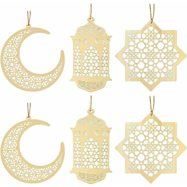 6 kpl Puu Eid al-Fitr -koristeita, Eid-koristeita DIY-koristeluun riipuskuun ja tuulen muotoisen koristeen kanssa muslimeille Eid Mubarak