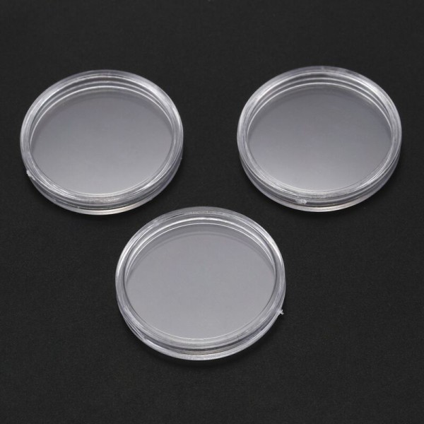 10 st runda transparenta plastmyntboxar 30 mm