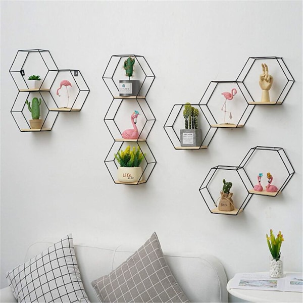 Metal Hexagon Væghylder, Dekorative Hængere, Loftvæghylder, Hylder til Stue, Soveværelse, Badeværelse, Cafe og Hotelvægsdekoration