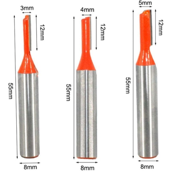 3pcs 8mm Shank Straight Router Bit Set, Slotting Cutters Woodworking Milling Cutter Woodworking Tools Milling Cutter 3mm,4mm,5mm for Wood Processing