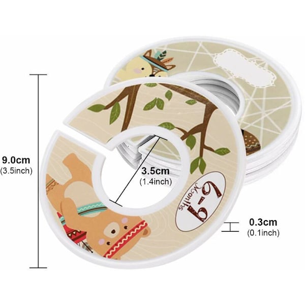 Baby Skabsdeler, 12 Runde Babydele, Tøjskabdeler, Tøjstativ, Størrelsesdeler, Størrelsesdeler, Dyremønster Størrelsesfane