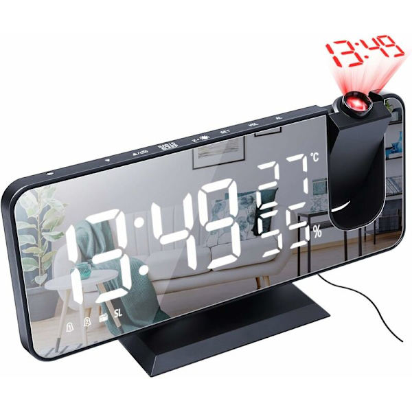 Projektionsväckarklocka för sovrum 7,4'' Stor LED-spegelskärm och 4-stegs dimmerväckarklocka med radio, 180° roterbar USB-laddning, 2 ljud, svart-vit
