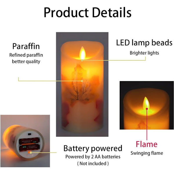 Maple Leaf LED-ljus, set om 3, varmvitt, flamlöst, batteridrivet, med flimrande veke, fjärrkontroll och timer för dekoration, bröllop (Maple Le