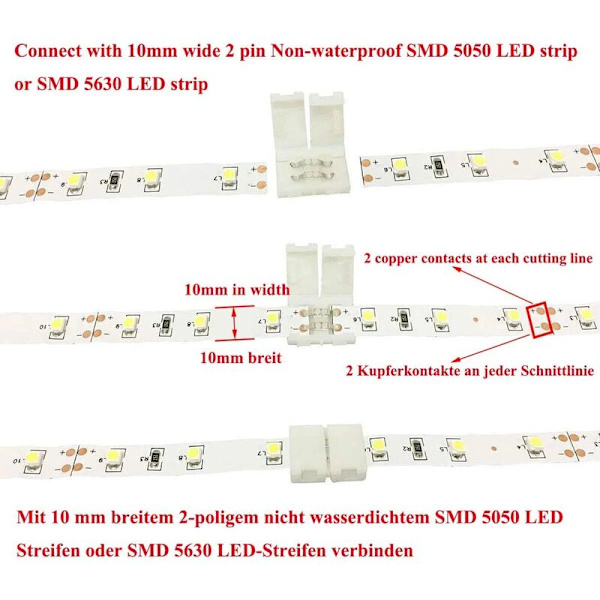 LED-remsanslutning 2-stifts LED-remsanslutning för SMD 5050 5630 enfärgad LED-remsa Vattentät och icke-vattentät 10 mm bred, fri lödning