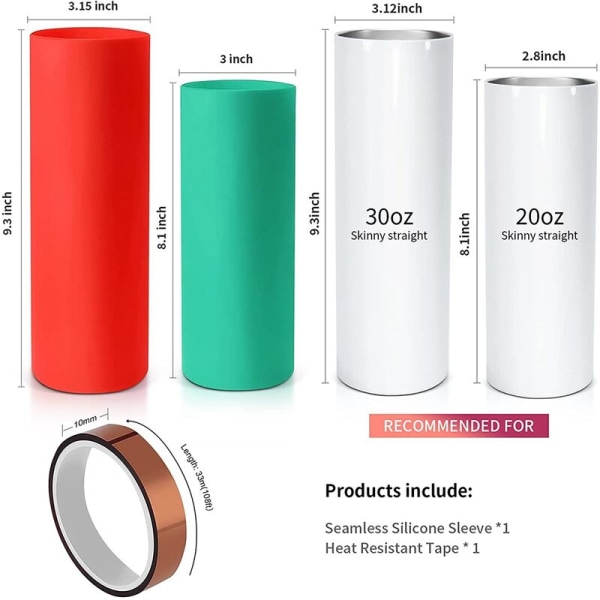 Sæt med 4 silikonehylstre til sublimering af glas, med 1 20 oz hylster og 1 30 oz hylster og 2 varmeoverførselsbånd.