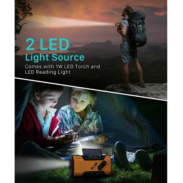 Bærbar Nødradio med 2000mAh Batteri, Oppladbart Batteri via Solcellepanel, Sveiv, Batterier eller USB AM/FM, LED-lommelykt, SOS-lader